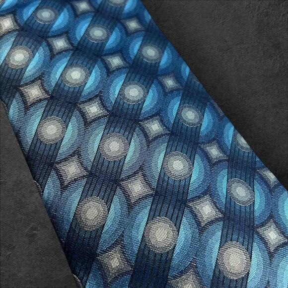 Geoffrey Beene Men's Blue + White Geometric 100% Silk Professional Tie - Picture 2 of 3